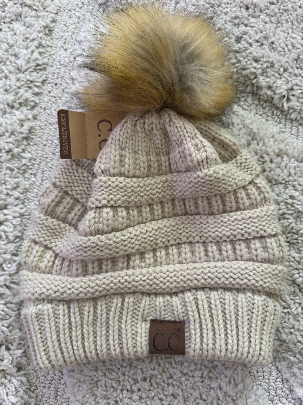 C.C Women’s Knit Pom Beanie in Cream with Faux Fur